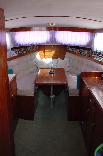 The finished cabin, sporting new lighting and curtains